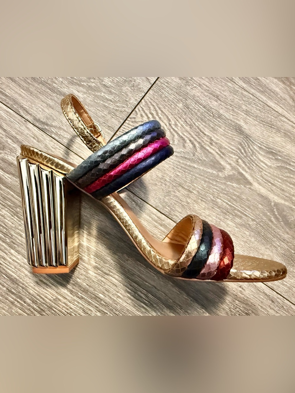 EXE Gold Multicolor Strappy Block Heel Sandal used in runway show 1X